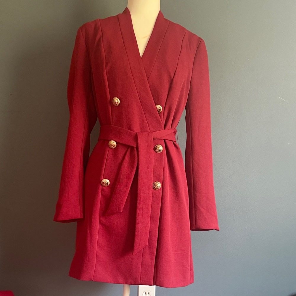 Women's Red Double-Breasted Belted Blazer Dress